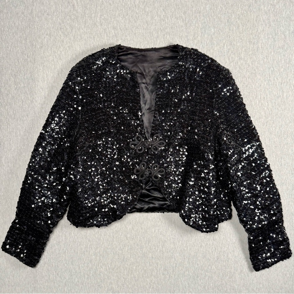 Vintage Union Made ILGWU Black Sequin Cropped Bolero Jacket w/ Frog Closure - Picture 6 of 16
